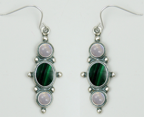 Sterling Silver Drop Dangle Earrings With Malachite And Rainbow Moonstone